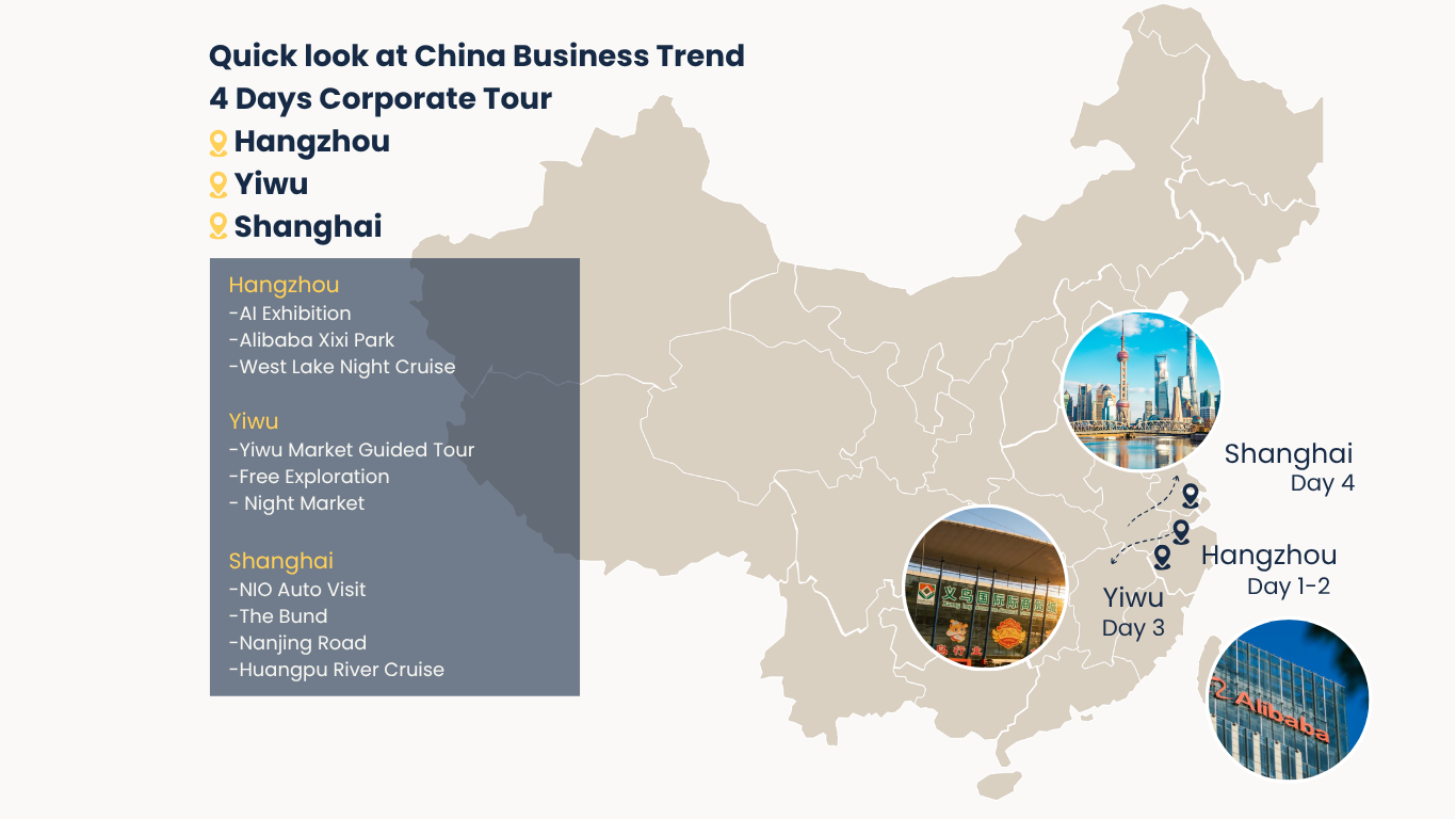 Route map for 4-Day Hangzhou, Yiwu & Shanghai Business Trend Tour