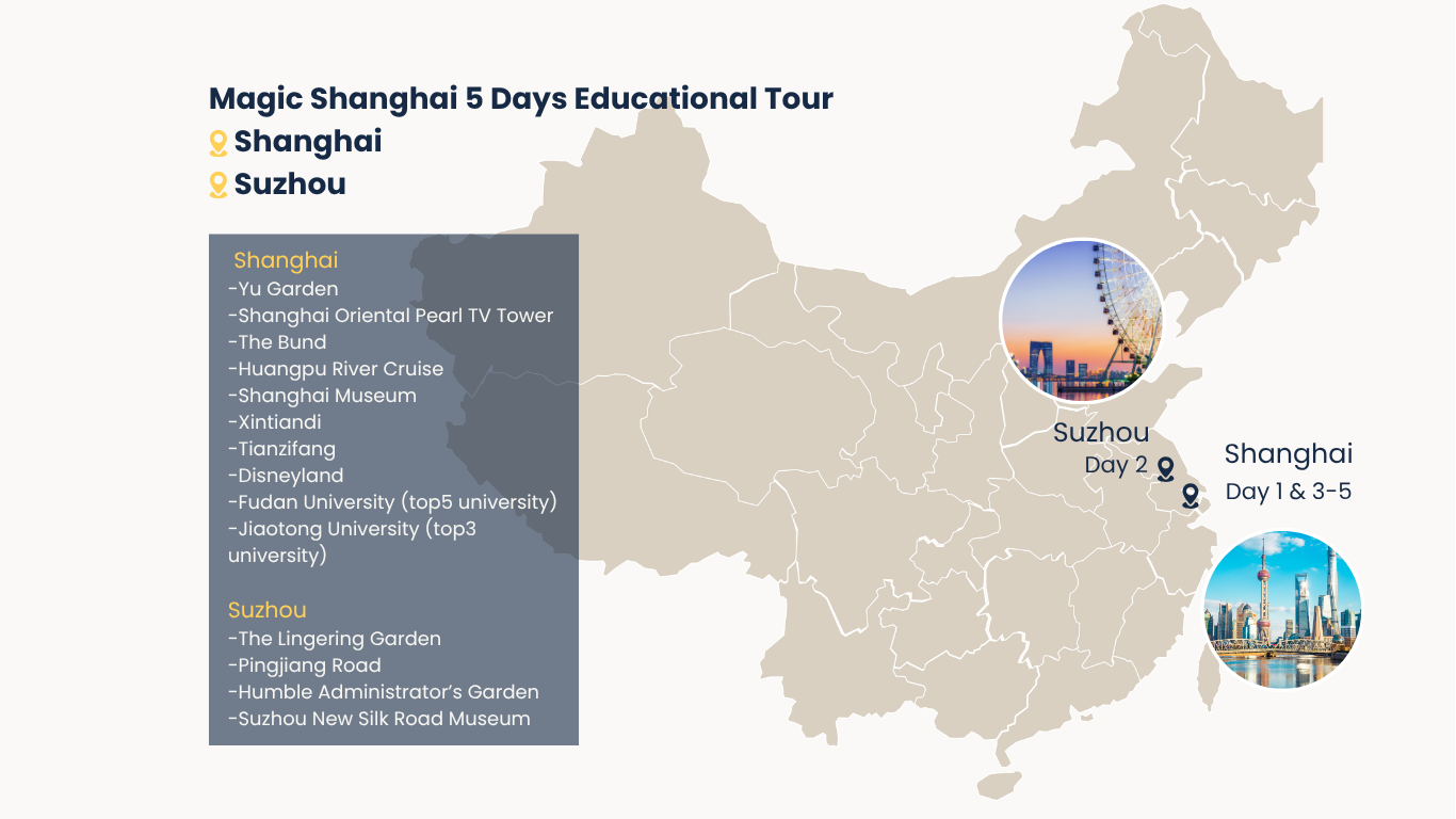 Route map for 5-Day Shanghai & Suzhou Magic School Tour